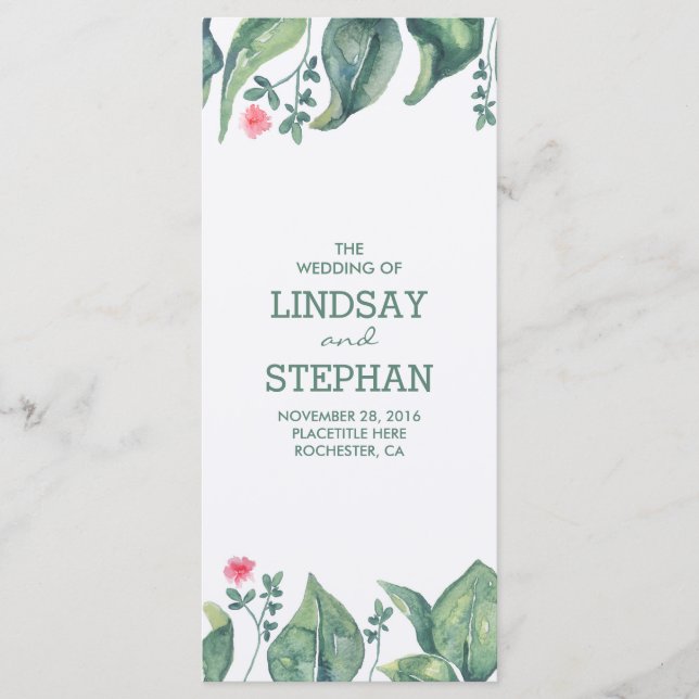 Tree Leaves Watercolor Rustic Wedding Programs Programme (Front)