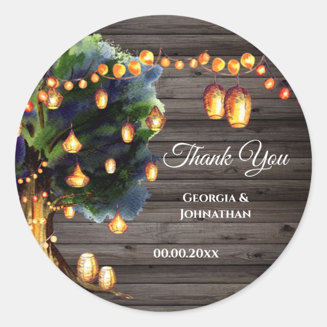 Tree lights rustic oak country wood lantern  classic round sticker (Front)