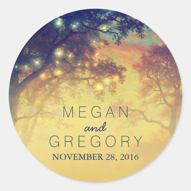 Tree Lights Rustic Wedding Classic Round Sticker (Front)