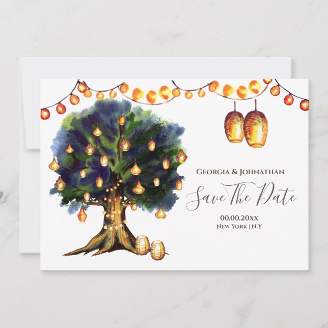 Tree lights tree rustic country oriental lantern  save the date (Front)