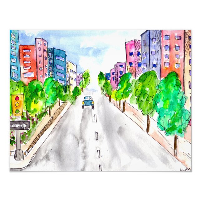 Tree-lined Boulevard City Buildings Watercolor Photo Print (Front)