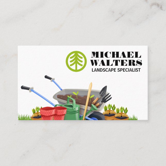 Tree Logo | Wheel Barrel Gardening Tools Business Card (Front)
