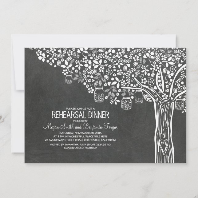 Tree Mason Jar Lights Chalkboard Rehearsal Dinner Invitation (Front)