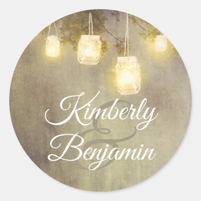 Tree Mason Jar Lights Rustic Country Wedding Classic Round Sticker (Front)