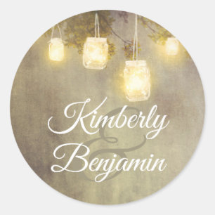 Tree Mason Jar Lights Rustic Country Wedding Classic Round Sticker