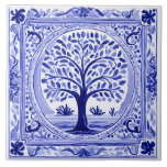 Tree Mediterranean Rustic Blue and White Folk Art Tile<br><div class="desc">summery sicilian ceramic tile, italian hand painted pattern, mediterranean fruit tree portuguese, dark navy leafy leaf nature, summer spring farming countryside, floral garden leaves farm, authentic classic traditional, vintage antique rustic country, folk art spanish rural agriculture, blue and white outdoors</div>