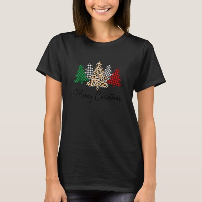 Tree Merry Christmas Leopard Print Buffalo Plaid M T-Shirt (Front)
