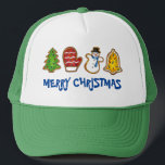 Tree Mitten Snowman Bell Merry Christmas Cookie Trucker Hat<br><div class="desc">Features an original marker illustration of a classic assortment of Christmas sugar cookies,  with MERRY CHRISTMAS in a fun font. Perfect for Christmas!
This design is also available on other products. Don't see what you're looking for? Need help with customisation? Contact Rebecca to have something designed just for you.</div>