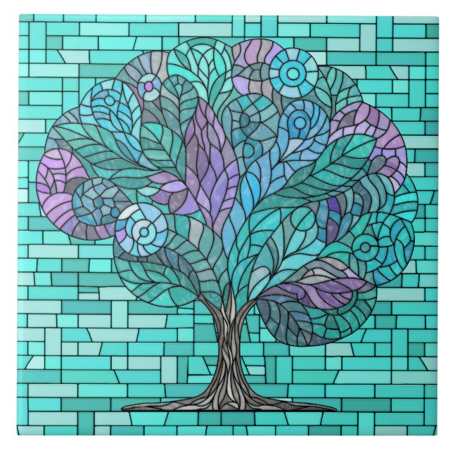 Tree Mosaic Art -Turquoise and Purple Tile (Front)