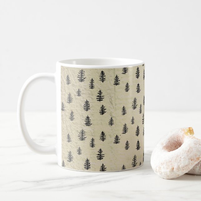 Tree Mountain Illustration Pattern Rustic Coffee Mug (With Donut)