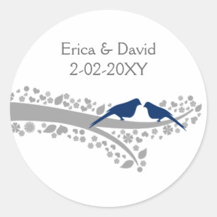 tree navy blue lovebirds wedding favour stickers