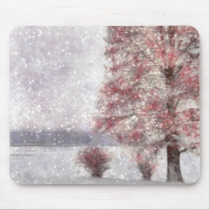 Tree Near Lake Few Red Leaves and Snow Mouse Mat