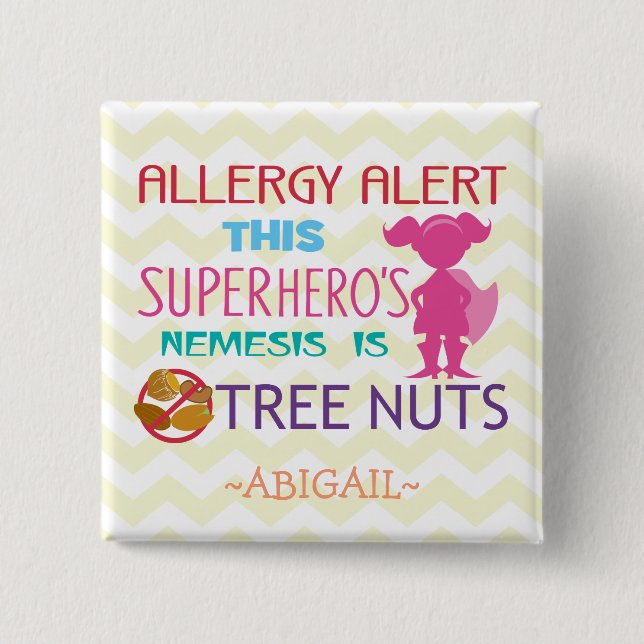 Tree Nut Allergy Alert Superhero Girl Button (Front)