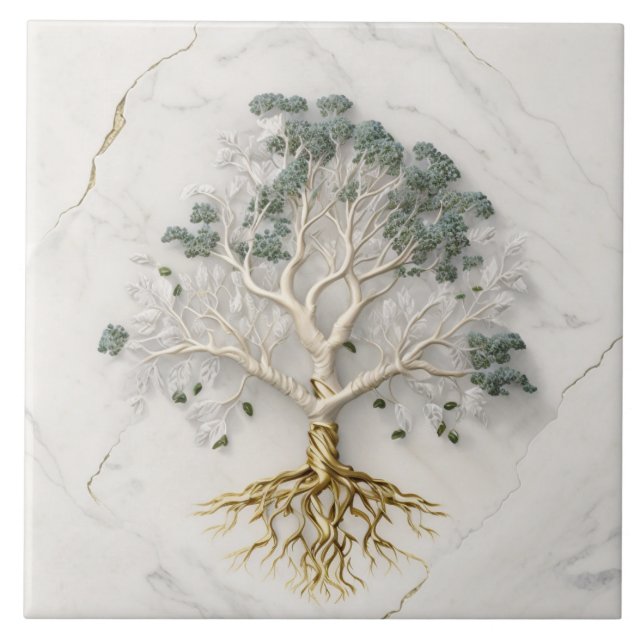 Tree of life 3D illustration White marble Tile (Front)