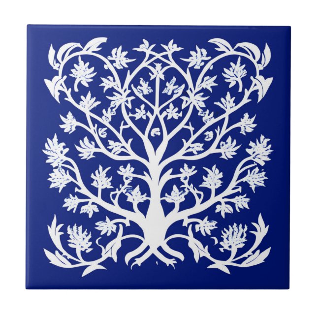 Tree of Life #4 White and Cobalt Blue Tile (Front)