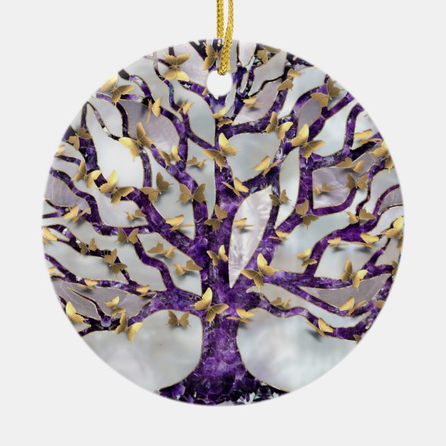 Tree of Life - Amethyst and Butterflies Ceramic Tree Decoration (Front)