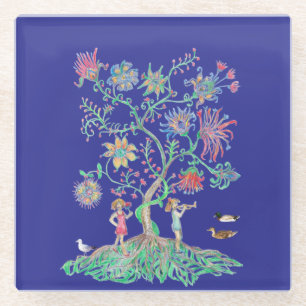 Tree of life and ducks mallards glass coaster