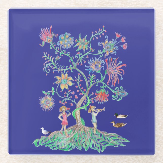 Tree of life and ducks mallards glass coaster (Front)