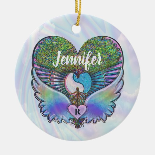 Tree of Life, Angel Wings, Rainbow, Monogram Ceram Ceramic Tree Decoration (Front)