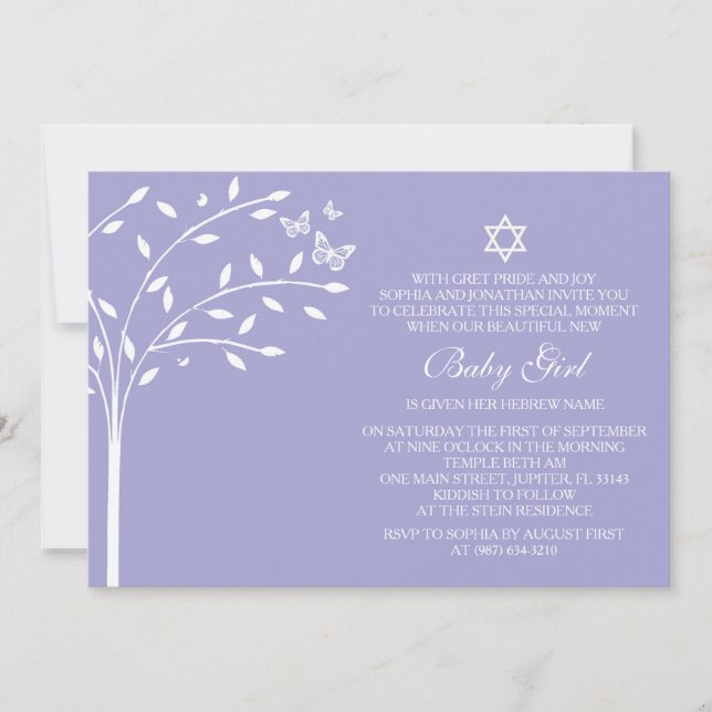 Tree of Life Baby Girl Naming Day Invite, Purple Invitation (Front)