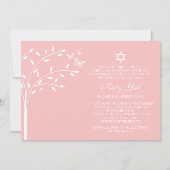 Tree of Life Baby Girl Naming Day Pink Butterfly Invitation (Front)