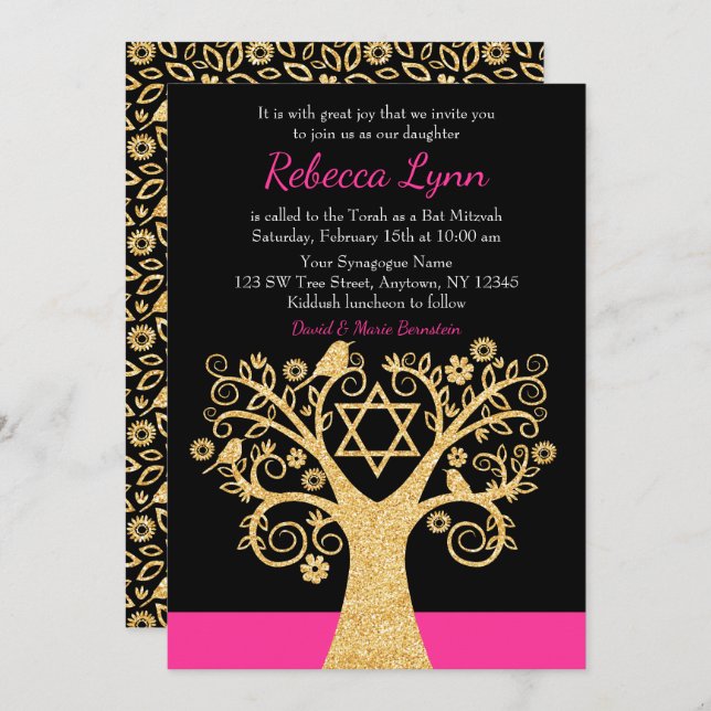 Tree of Life Birds Pink Gold Bat Mitzvah Invitation (Front/Back)