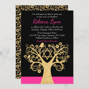 Tree of Life Birds Pink Gold Bat Mitzvah Invitation