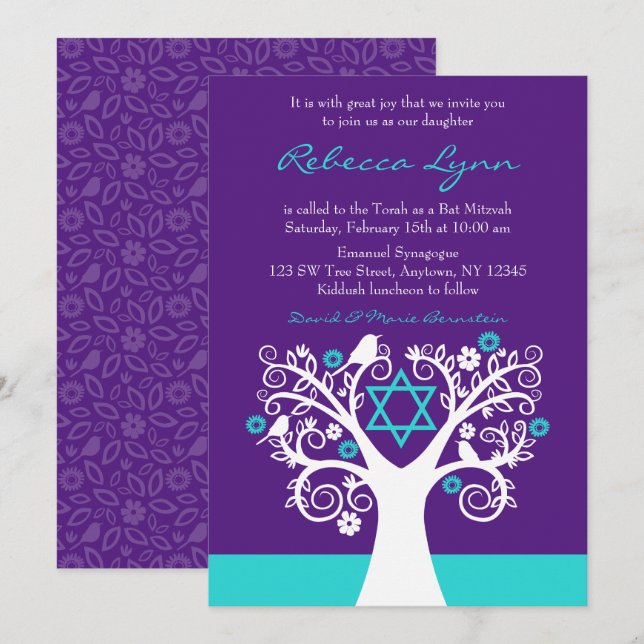 Tree of Life Birds Purple Teal Bat Mitzvah Invitation (Front/Back)