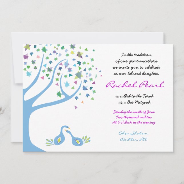 Tree of Life Birds Stars Bat Mitzvah Invitation (Front)