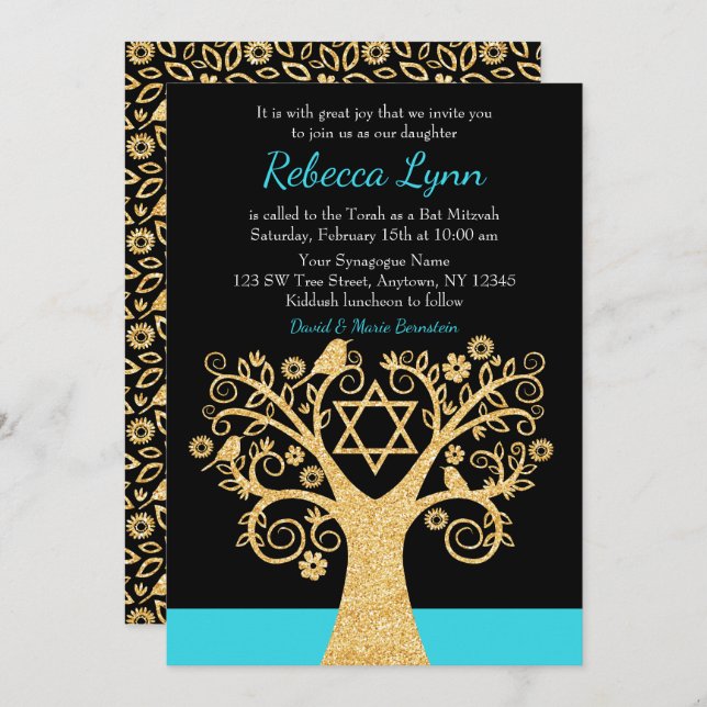 Tree of Life Birds Teal Blue Gold Bat Mitzvah Invitation (Front/Back)