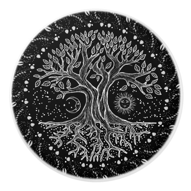 Tree of Life - black and white Ceramic Knob (Front)