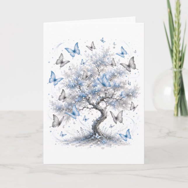 Tree of Life Blue Butterflies Greeting Card (Front)