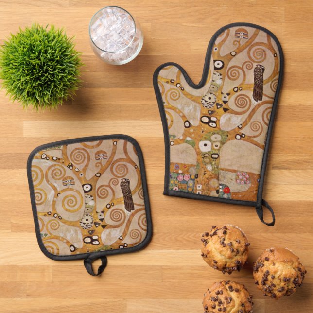 Tree of Life by Gustav Klimt, Stylised Art Nouveau Oven Mitt & Pot Holder Set (Top Down)