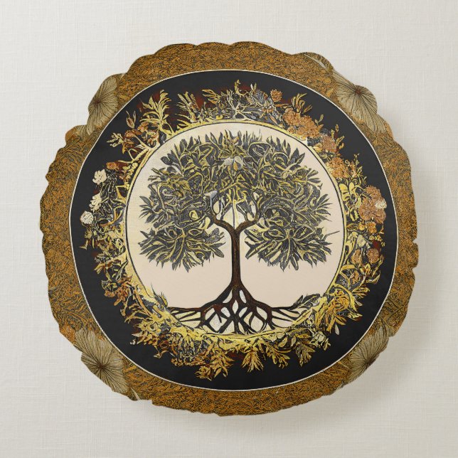 Tree of Life by kedoki Floral Gold Embroidery Thro Round Cushion (Front)