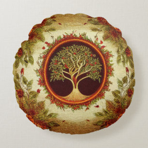 Tree of Life by kedoki Green and Orange Embroidery Round Cushion