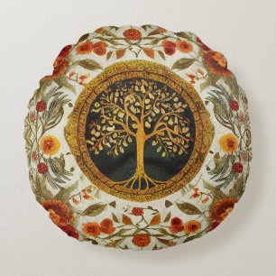 Tree of Life by kedoki Orange Green White Throw Pi Round Cushion