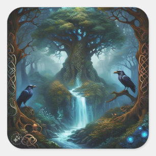 Tree of Life Celtic Knotwork Ravens Square Sticker