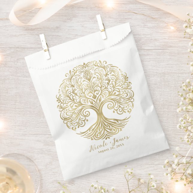 Tree of Life Cream & Gold Celtic Wedding Favour Bags (Clipped)