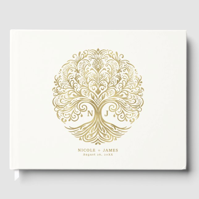 Tree of Life Cream & Gold Celtic Wedding Guest Book (Front)