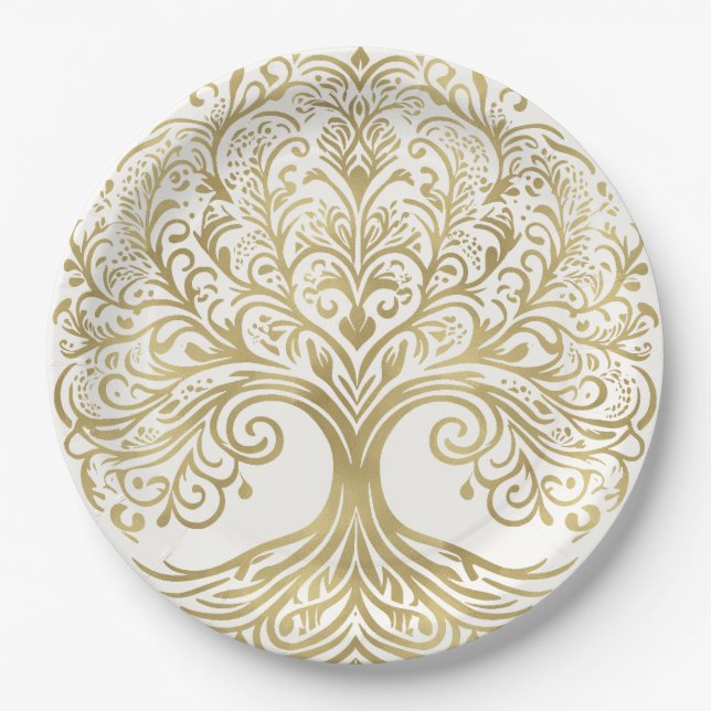 Tree of Life Cream & Gold Celtic Wedding Paper Plate (Front)