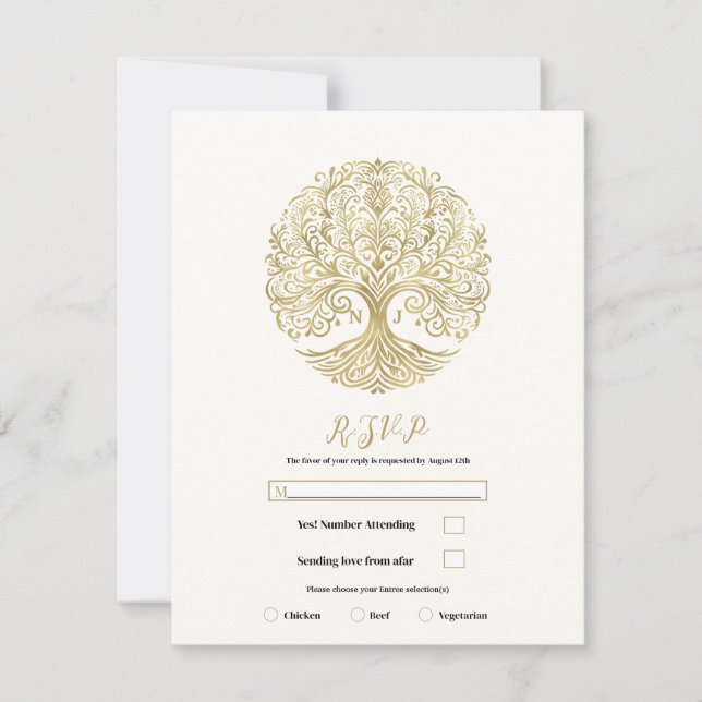 Tree of Life Cream Gold Celtic Wedding RSVP Invitation (Front)