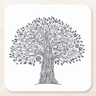 Tree Of Life Doodle Square Paper Coaster