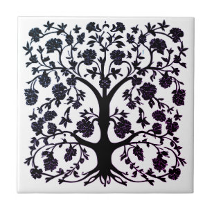 Tree of Life Floral #1 Black and White   Tile