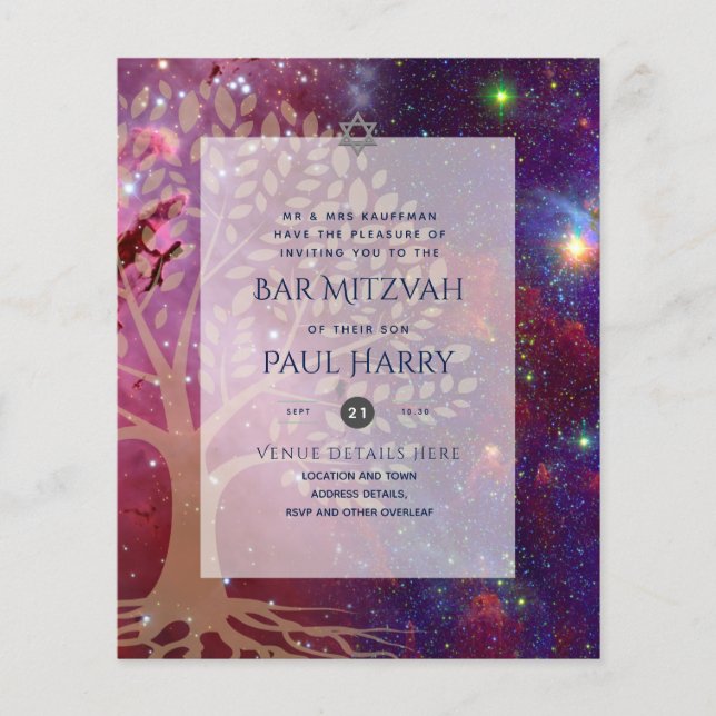 Tree of Life Galaxy Blue BAR MITZVAH Invitations Flyer (Front)