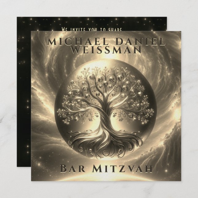 Tree of Life Gold and Black Bar Mitzvah Invitation (Front/Back)