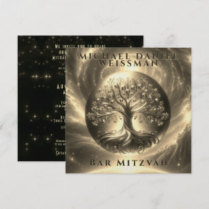 Tree of Life Gold and Black Bar Mitzvah Invitation
