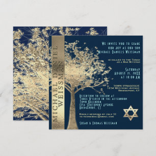 Tree of Life Gold and Navy Blue Bar Mitzvah Invitation