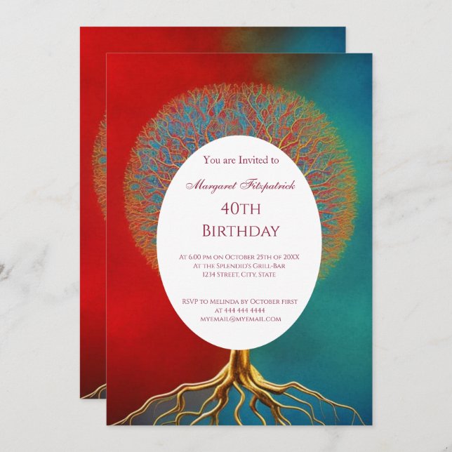 Tree of life gold red teal any age Birthday Party Invitation (Front/Back)
