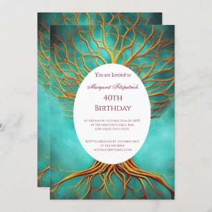Tree of life gold teal any age Birthday Party Invitation