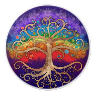 Tree of life Golden Swirl and Rainbow Ceramic Knob